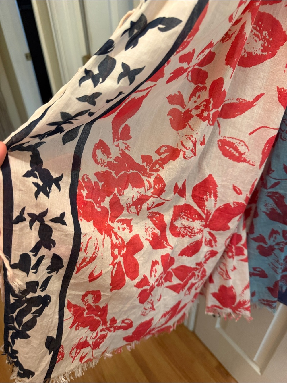 Trades of Hope brand- hand block printed cotFloral Red & Cream Lightweight Scarf - Picture 3 of 5